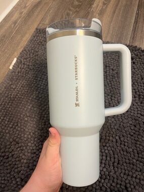 Stanley Travel Mug in Light Sage Green and Gold Accent
